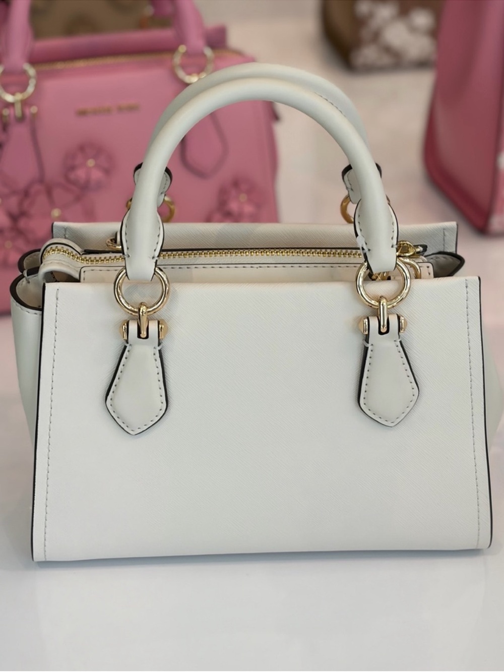 Michael Kors White Floral Leather Satchel Crossbody with Pink Accents - Picture 5 of 7